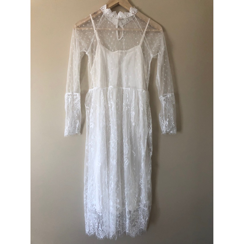 Unbranded Crochet Lace Dress Women White 70s Boho Silk Slip Festival Wedding